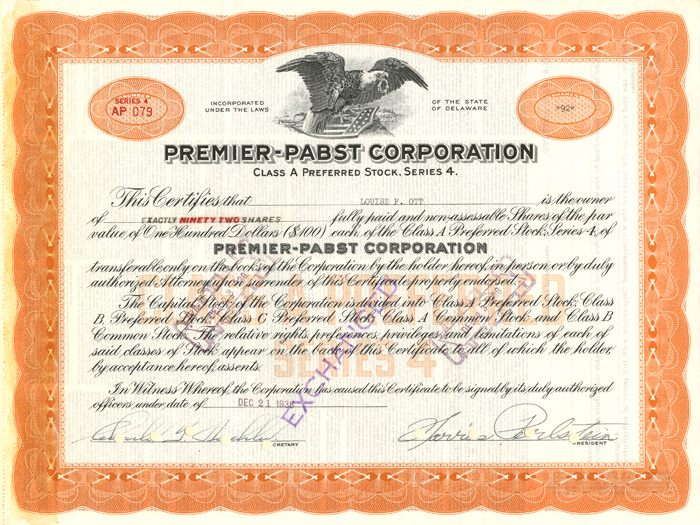 Premier-Pabst Corporation - Stock Certificate